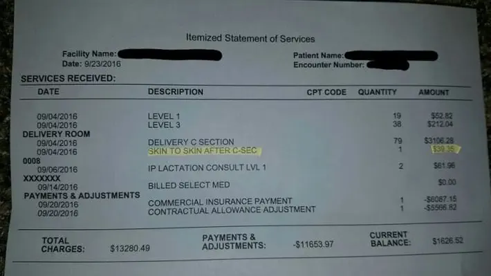 This is a bill for a recent labor and delivery service in the United States. And it includes a $39.35 charge for holding the baby after delivery. Really.