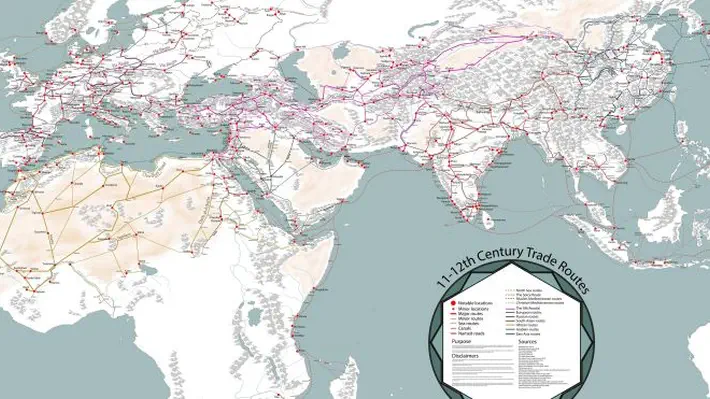 ven before modern times the Afro-Eurasian world was already well connected. This map depicts the main trading arteries of the high middle ages, just after the decline of the Vikings and before the rise of the Mongols, the Hansa and well before the Portuguese rounded the Cape of Good Hope.