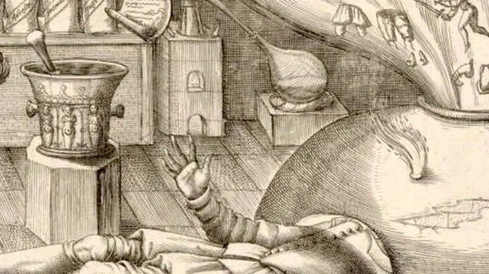 The image above is a detail from a remarkable 1620 engraving I first came across this past summer. It shows a man sliding another figure into what looks like an old-fashioned oven - but instead of smoke, images of the man's thoughts billow out of the oven's top. The 